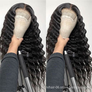 Factory brazilian human hair wigs HD transparent Swiss lace wig,deep wave cuticle aligned lace front glueless water wave wig